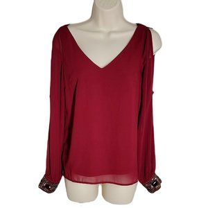 Buttans Cute Classy Beaded Blouse Top ~ Sz XS ~ Burgundy ~ Long Sleeve